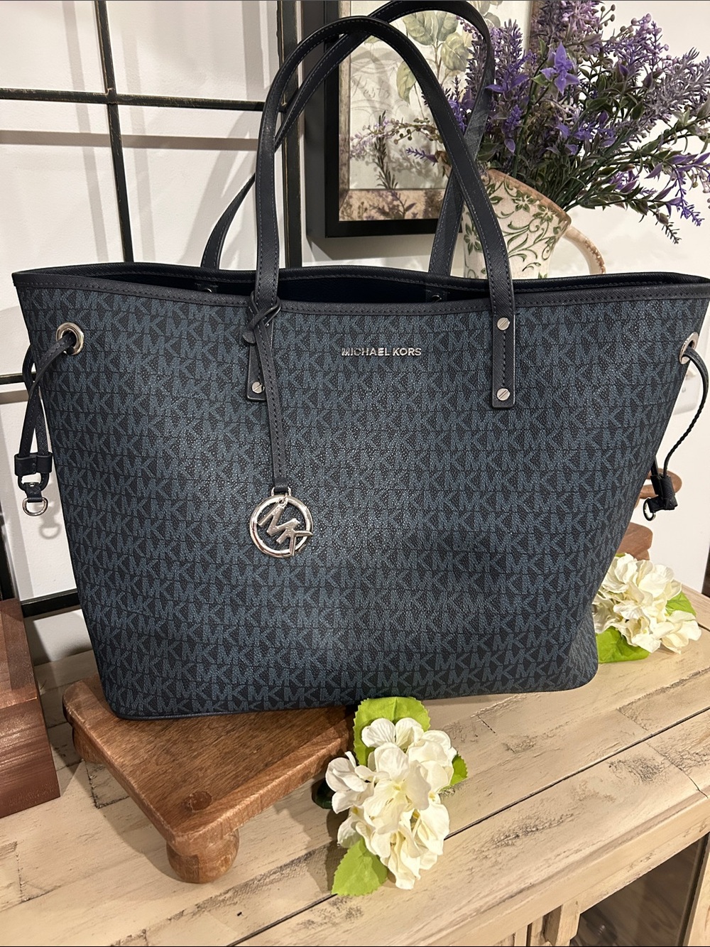 Michael Kors Dark Navy Monogram Tote with Silver Logo Charm
